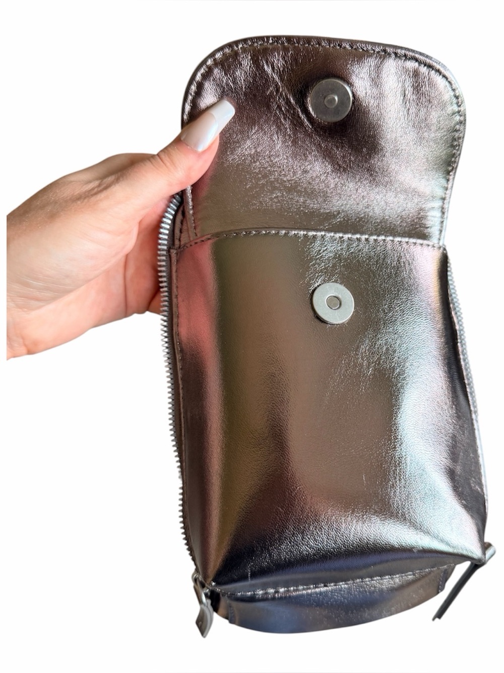 AMERICAN LEATHER Pewter Taupe Tribeca Cross Body Bag with Top Handle - Picture 5 of 9